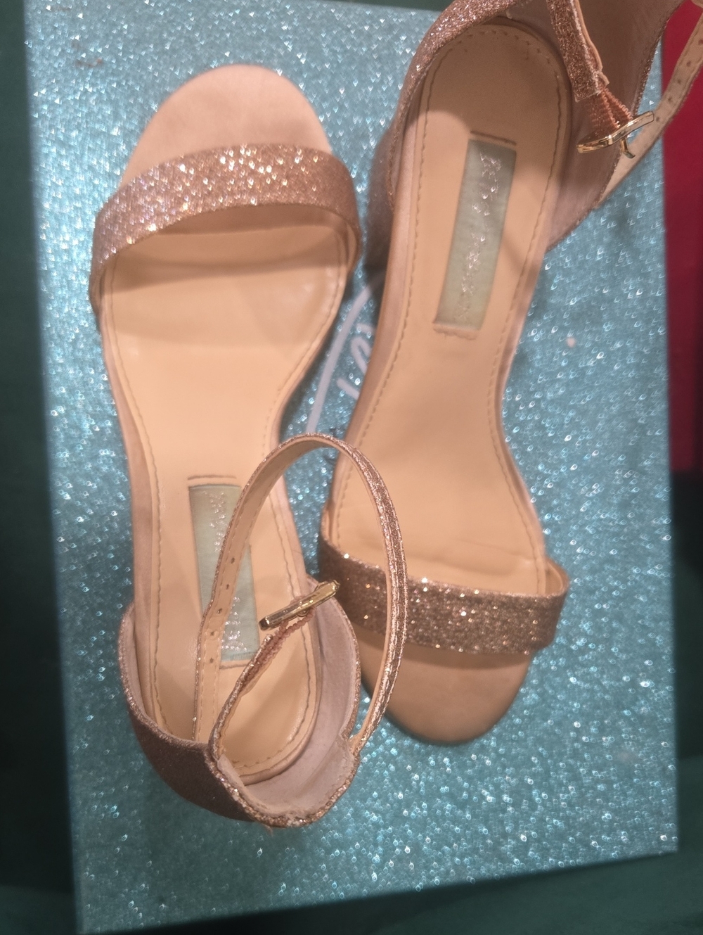 Betsey Johnson Rose Gold Glitter Ankle Strap Heels